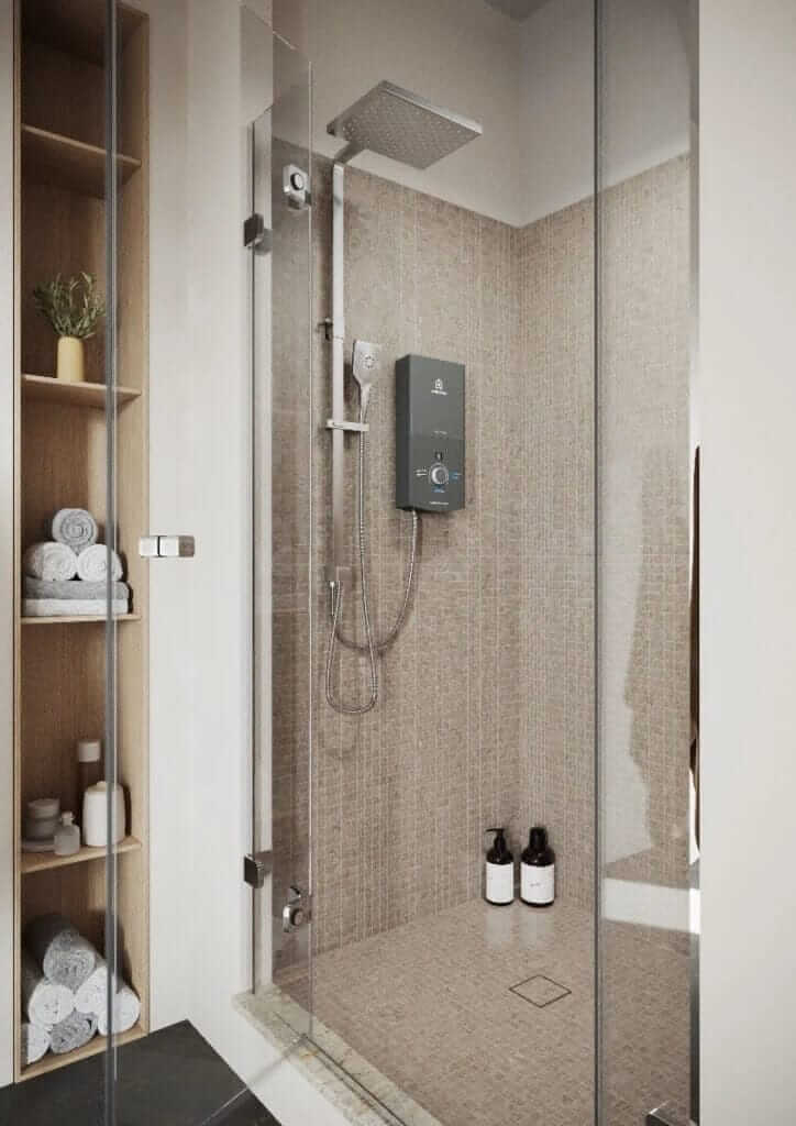 Ariston Aures Premium+ is shown in the image, complete with a glass door and practical shelves for keeping personal care items within reach.