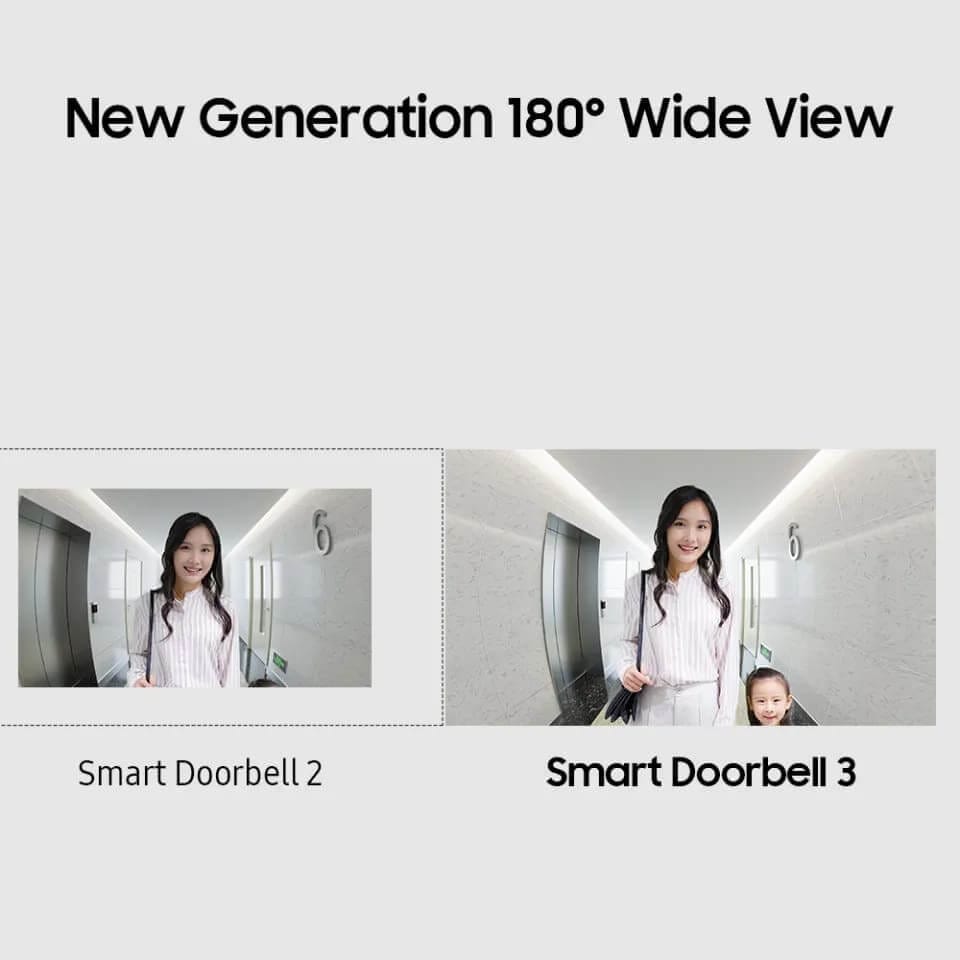 Side-by-side comparison of a woman in a room, showcasing Xiaomi Doorbell 3 and Doorbell 2 wide view.