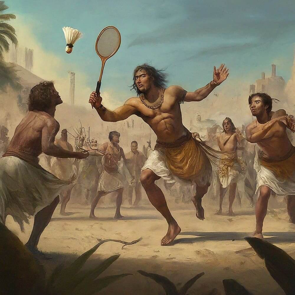 Two men in historical attire playing badminton on a painting