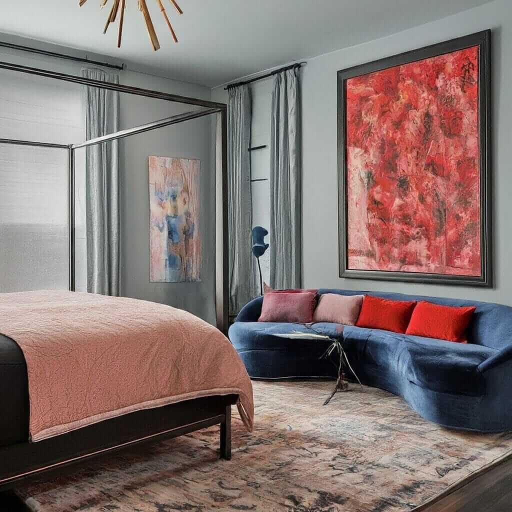 A cozy bedroom with a captivating painting on the wall, creating a romantic ambiance with perfect Feng Shui colors.