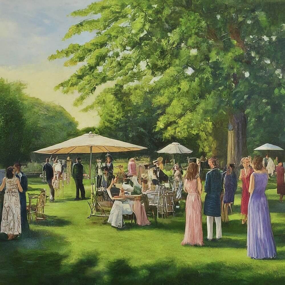 A summer wedding at Badminton, Gloucestershire, depicted in a painting with people in formal attire