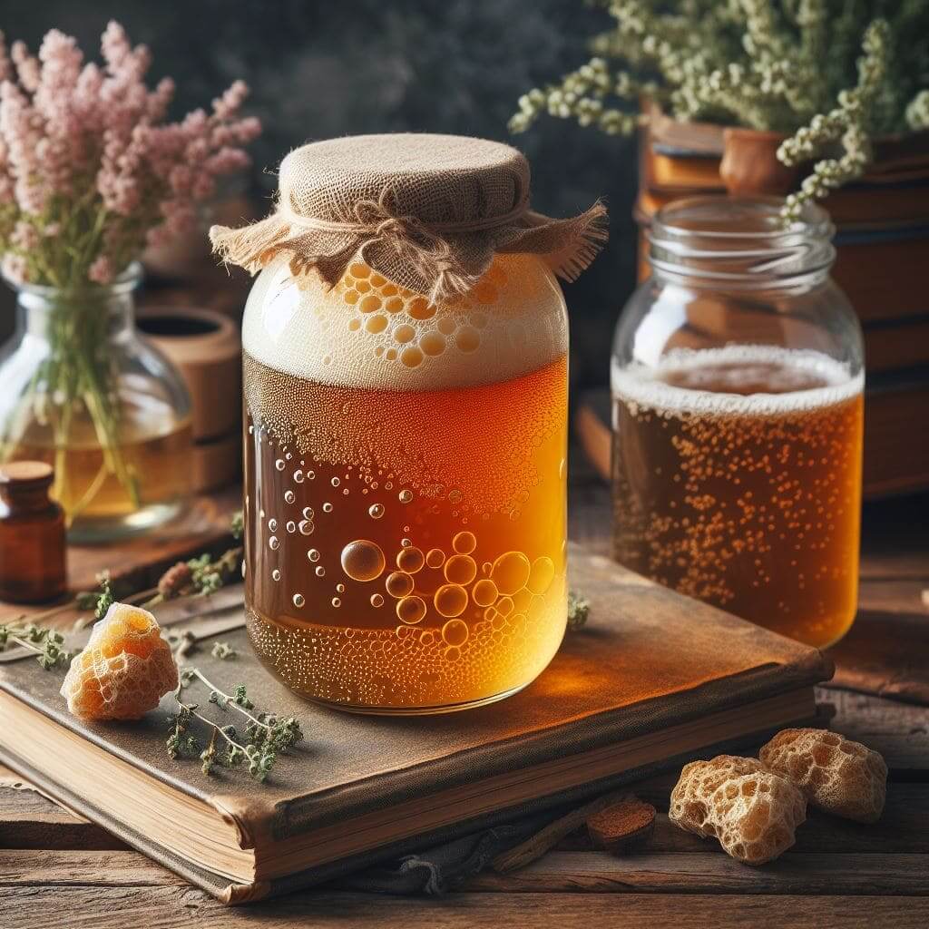 Homemade Kombucha in glass jars on a rustic wooden table