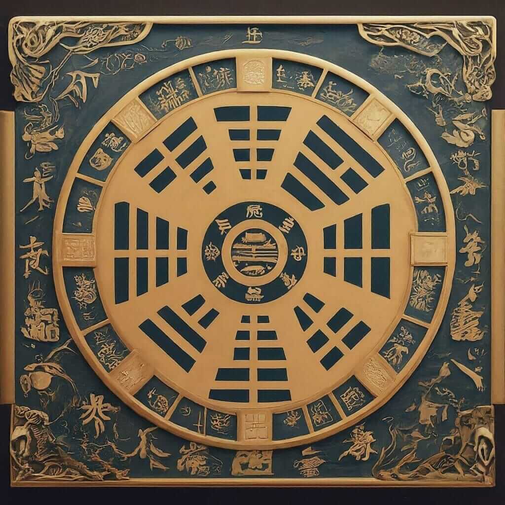 Feng Shui BaGua Map: A circular diagram with eight sections representing different areas of life, used in Feng Shui practice.