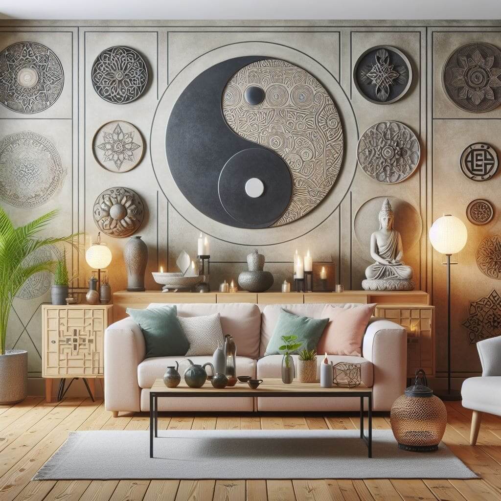 Living space with yin yang symbol, representing balance and harmony.