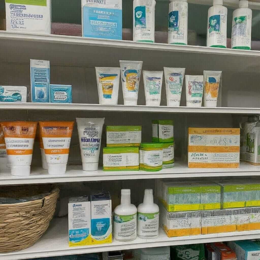 A shelf filled with products for itchy skin, offering over-the-counter solutions to soothe your discomfort.