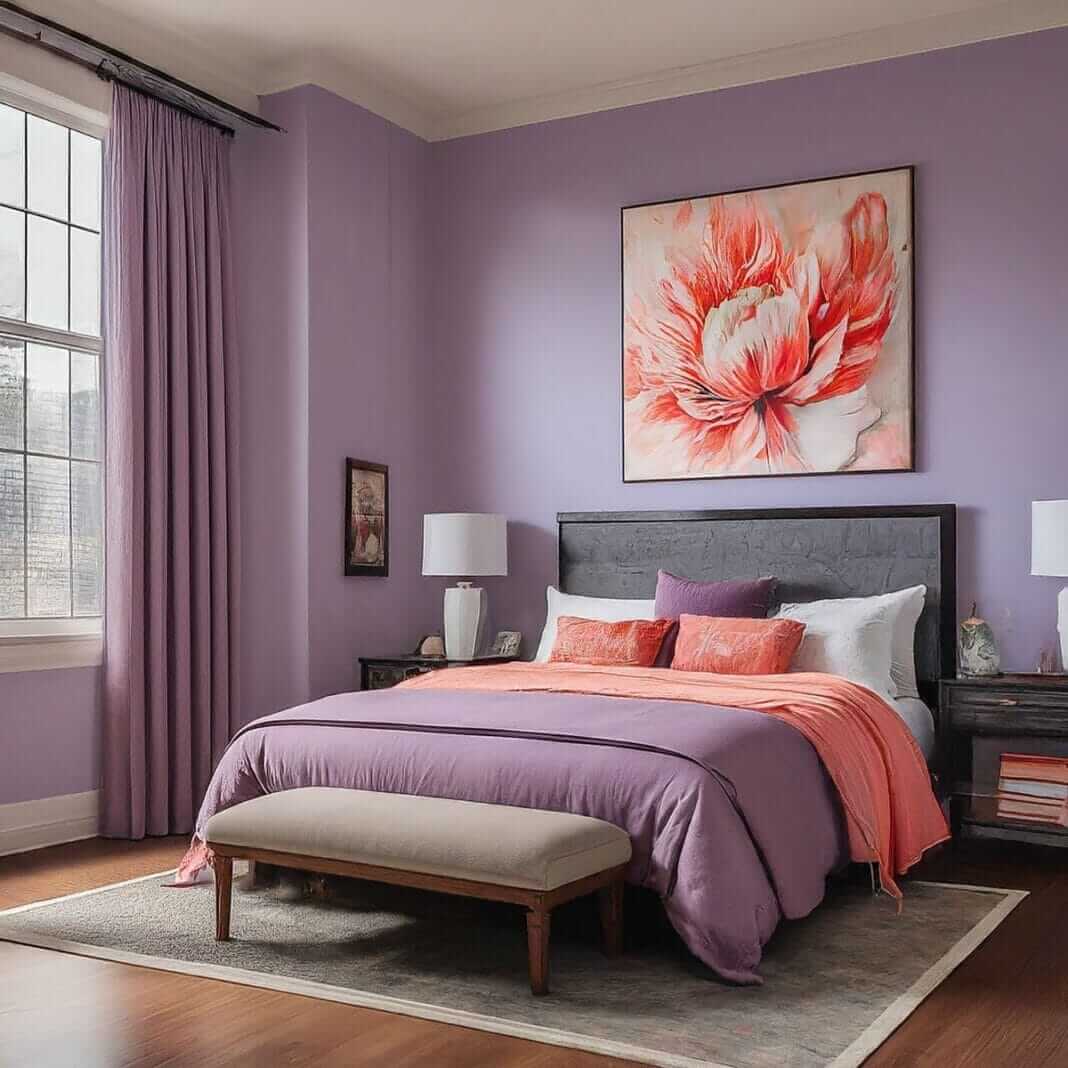 Romantic bedroom with purple walls and a matching purple comforter on the bed.