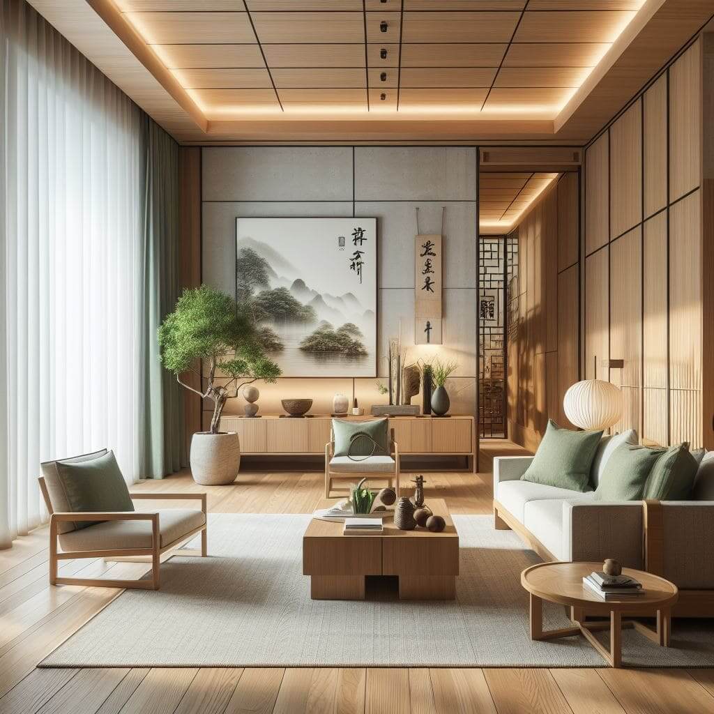 Cozy living room with wooden walls and a captivating painting, creating a harmonious and balanced atmosphere for good Feng Shui.