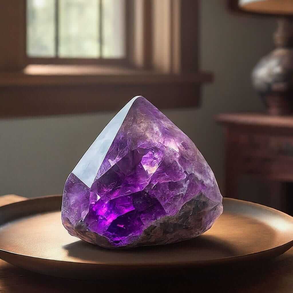 Amethyst crystal on a plate by a window, absorbing negative energy to enhance Feng Shui.
