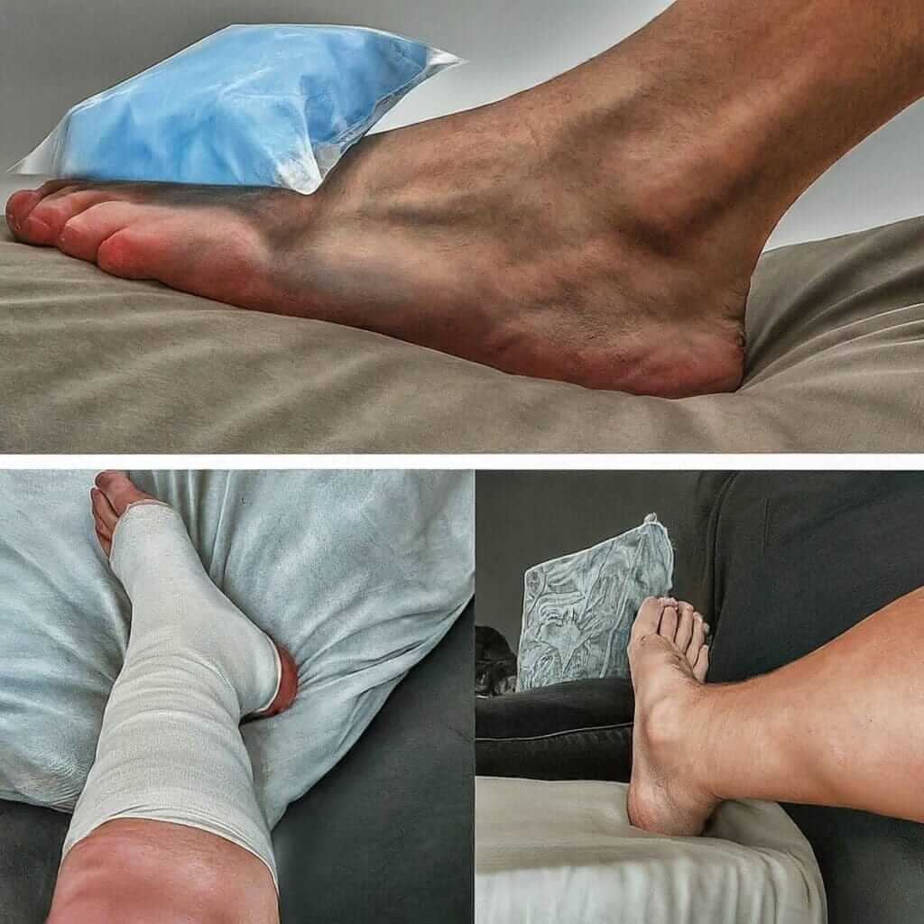 A person following the RICE method for acute injuries: Rest, Ice, Compression, and Elevation.
