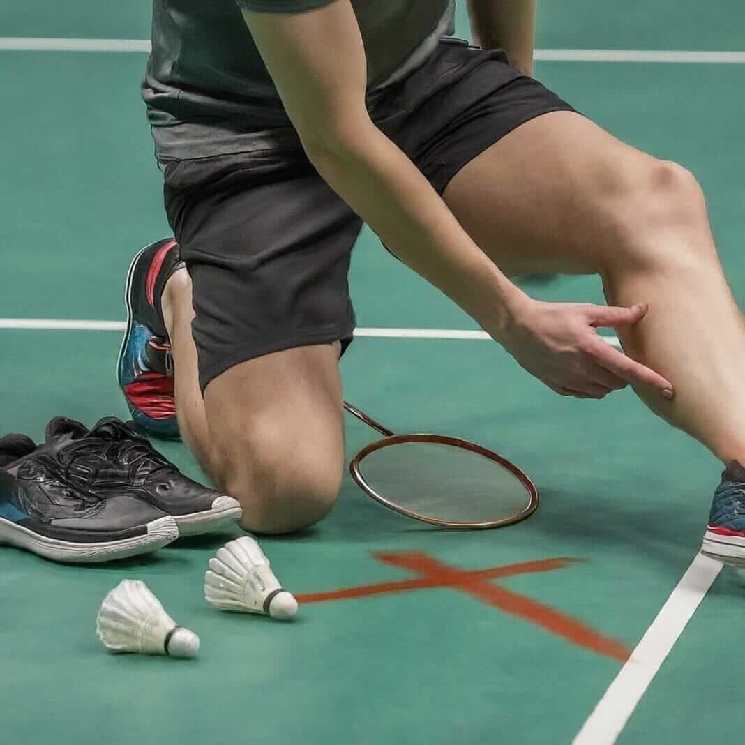 A man in badminton gear, kneeling on the court with a racket and shoes. Badminton can be intense, leading to ankle sprains and injuries