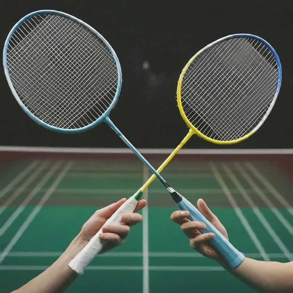 Two people with badminton rackets on a badminton court