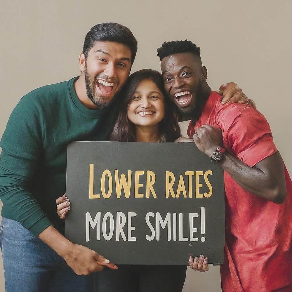 Three individuals smiling and holding a sign that reads "lower rates more smile" - promoting debt consolidation and lower interest rates
