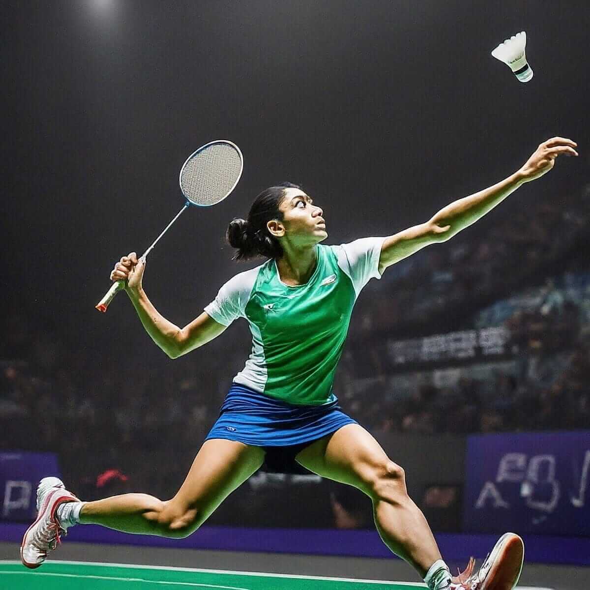 A woman in green shirt and blue skirt playing badminton. Stay safe and watch out for common badminton injuries!